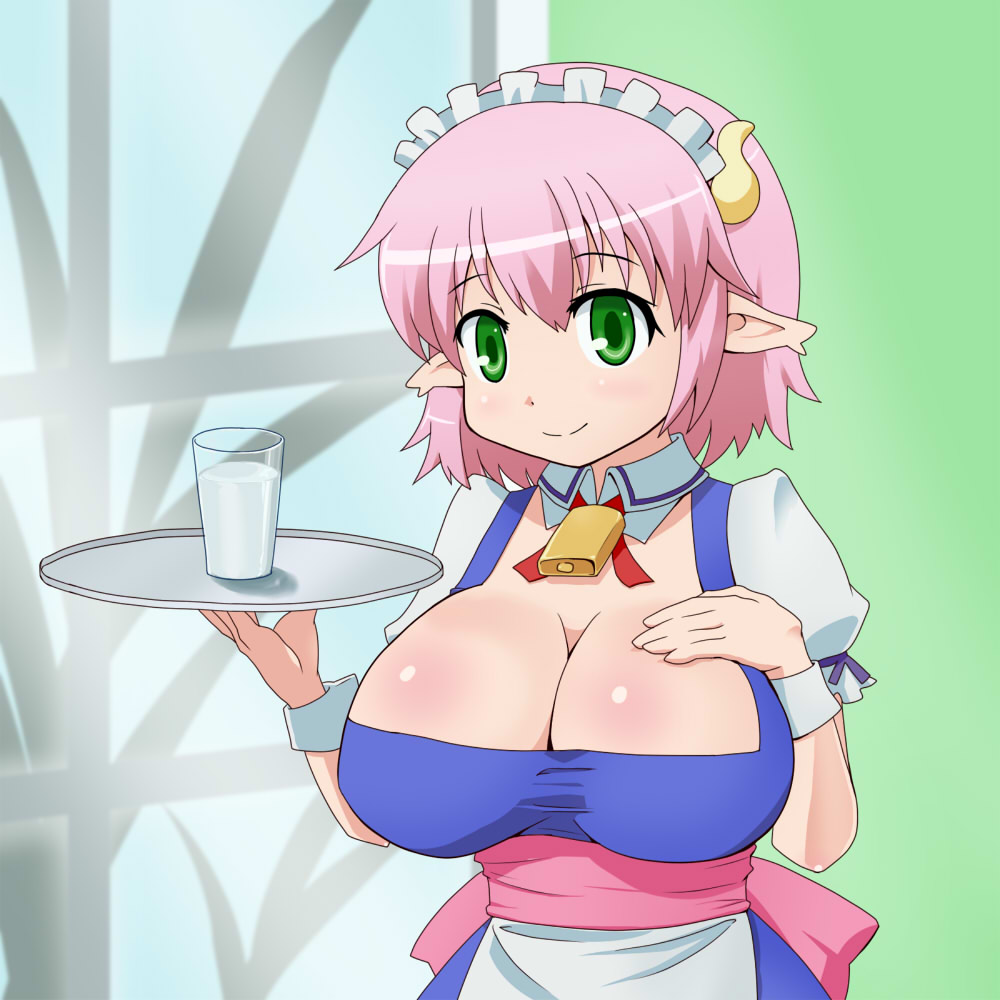 1girl, breasts, cleavage, female_focus, green_eyes, huge_breasts, maid, milk