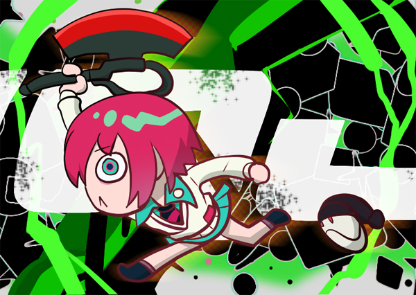 1girl, amate_yuzuriha, aqua_eyes, aqua_shirt, aqua_skirt, axe, chibi, closed_mouth