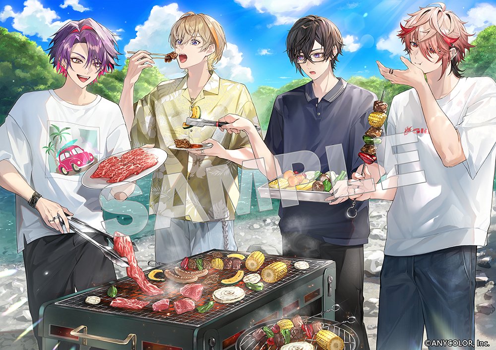 4boys, :d, :o, :t, bell_pepper, bell_pepper_slice, black-framed_eyewear, black_hair, black_pants, black_shirt, blonde_hair, blue_eyes, blue_pants, car_print, chopsticks, closed_mouth, cloud, colored_inner_hair, cooking, copyright_notice, corn, curtained_hair, day, denim, earclip, eating, floral_print, food, fura_kanato, glasses, grey_pants, grill, grilling, hair_between_eyes, hair_intakes, hawaiian_shirt, hibiscus_print, holding, holding_chopsticks, holding_plate, holding_skewer, holding_tongs, holding_tray, jeans, jewelry, lake, leaf_print, lens_flare, light_particles, long_bangs, male_focus, meat, multicolored_hair, multiple_boys, multiple_rings, nijisanji, official_art, onion, onion_slice, open_mouth, orange_hair, outdoors, pants, pink_hair, plate, polo_shirt, print_shirt, purple_eyes, purple_hair, raw_meat, red_eyes, red_hair, ring, rock, sample_watermark, sausage, seraph_dazzlegarden, shikinagi_akira, shirt, short_hair, short_sleeves, skewer, smile, smoke, squash, streaked_hair, sunlight, t-shirt, tongs, tray, tree, two-tone_hair, unagi_to_kame, virtual_youtuber, voltaction, watarai_hibari, watermark, white_shirt, wing_collar, wristband, yellow_shirt