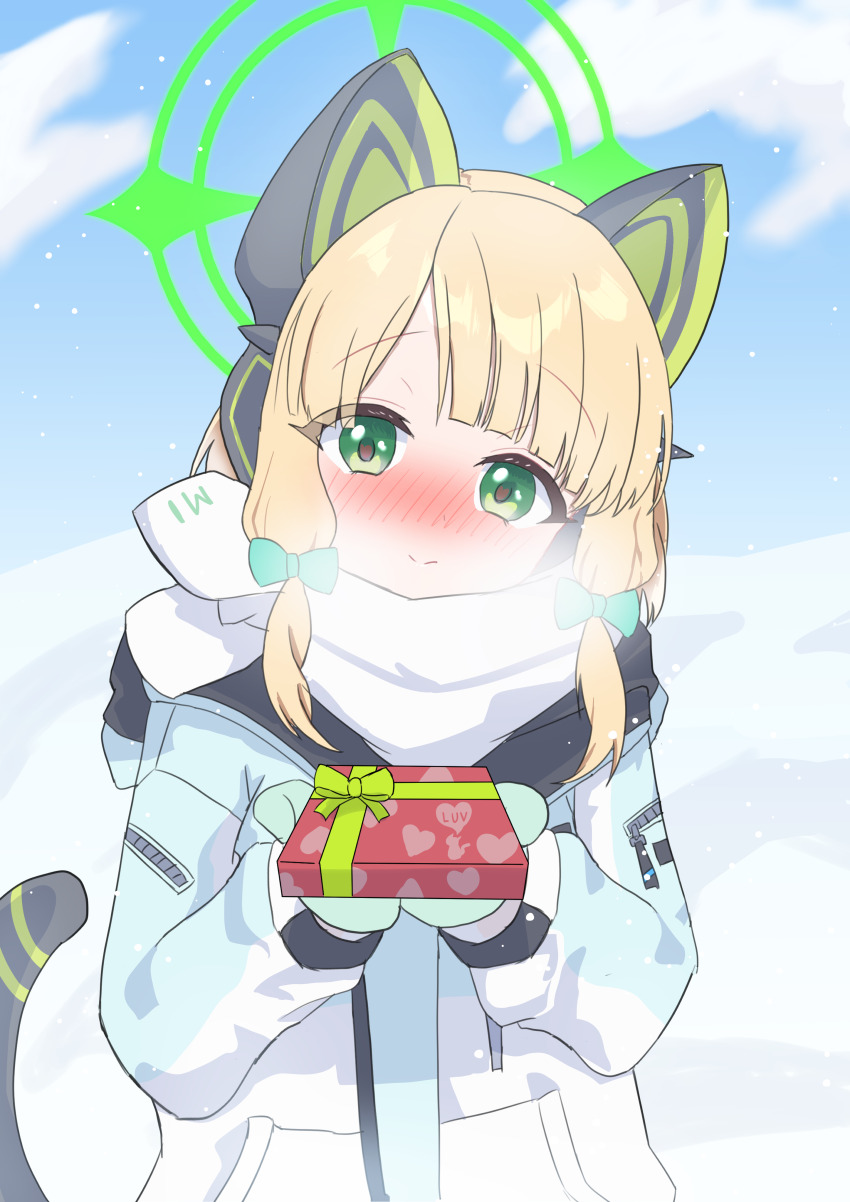 1girl, absurdres, animal_ear_headphones, animal_ears, aqua_coat, aqua_mittens, blonde_hair, blue_archive