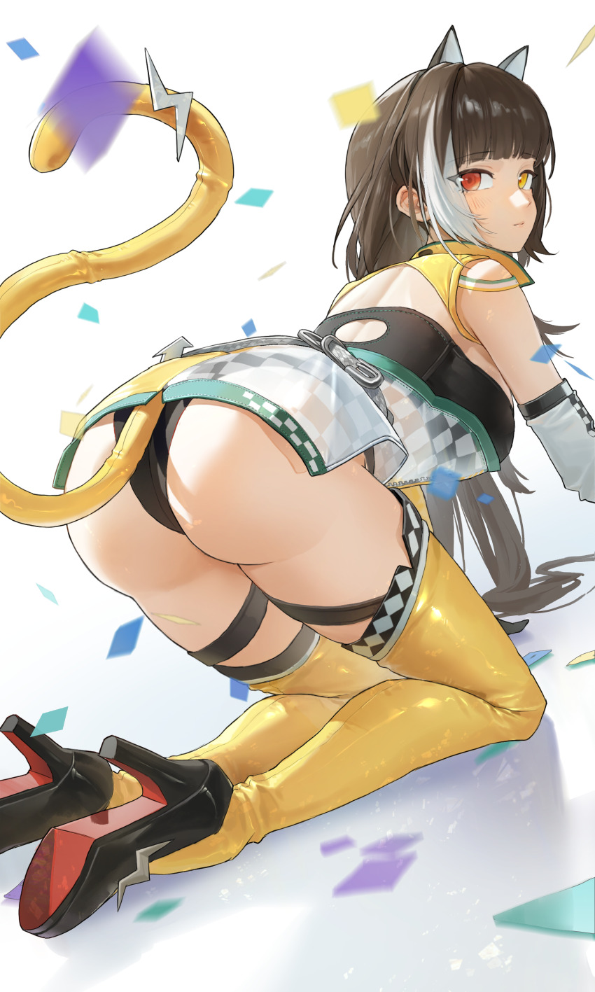 1girl, absurdres, ass, breasts, brown_hair, checkered_clothes, cleavage, from_behind, girls'_frontline, girls'_frontline_2:_exilium, heterochromia, highres, jimizuai-, official_alternate_costume, race_queen, ro635_(girls'_frontline), robella_(future_navigator)_(girls'_frontline_2), robella_(girls'_frontline_2), shrug_(clothing), solo, yellow_shrug