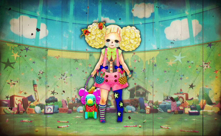 1girl, abstract_background, albertine_(madoka_magica), anja_(madoka_magica), artist_request, asymmetrical_legwear, bare_arms, black_eyes, black_shirt, blonde_hair, blue_pantyhose, blue_sky, blunt_bangs, blush_stickers, cloud, collared_shirt, crayon, crown, curly_hair, double_bun, drawing_(object), eyelashes, familiar_(madoka_magica), film_grain, forehead, frilled_shirt_collar, frilled_sleeves, frills, full_body, game_cg, green_shirt, hair_bun, highres, holding, holding_crayon, holding_toy, hollow_eyes, kneehighs, mahou_shoujo_madoka_magica, mahou_shoujo_madoka_magica_magia_exedra, mismatched_legwear, multicolored_socks, no_shoes, official_art, open_mouth, overalls, pantyhose, pink_overalls, pocket, shirt, short_hair, short_sleeves, single_kneehigh, single_leg_pantyhose, single_sock, sky, smile, socks, solo, standing, star_(symbol), star_print, striped_clothes, striped_socks, tongue, toy, toy_block, two-tone_shirt, window, witch's_labyrinth, witch_(madoka_magica)