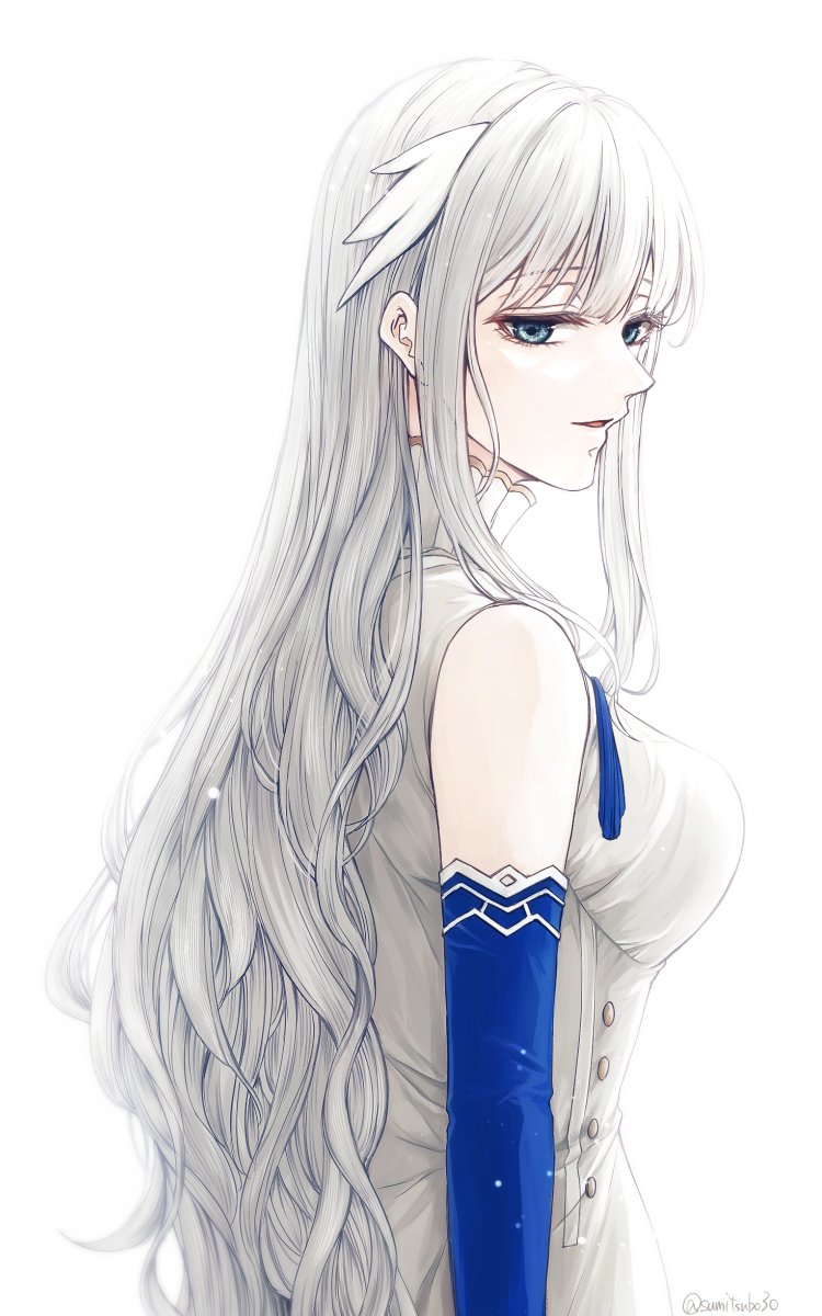 1girl, bare_shoulders, blue_eyes, commentary, dress, elbow_gloves, ender_lilies_quietus_of_the_knights, ender_magnolia_bloom_in_the_mist