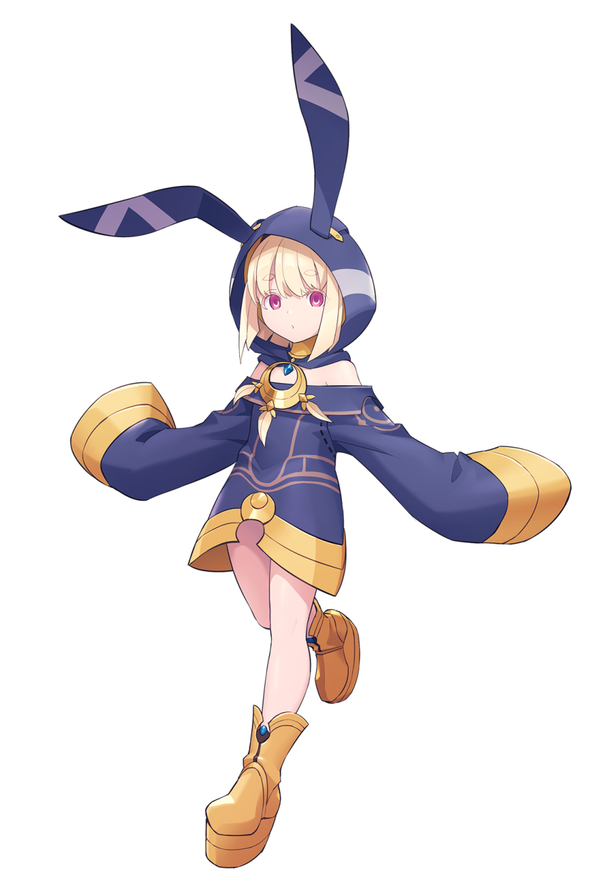 1girl, azure_striker_gunvolt, azure_striker_gunvolt_3, bare_shoulders, black_hood, black_shirt, blonde_hair, full_body, highres, hood, hood_up, layla_(gunvolt), off-shoulder_shirt, off_shoulder, official_art, purple_eyes, shirt, short_hair, simple_background, sleeves_past_wrists, solo, very_long_sleeves, white_background