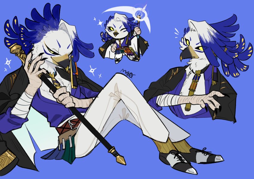 1boy, artist_name, badrun_(khonshu)_(dislyte), beak, bird_boy, black_sclera, claws, coat, coat_on_shoulders, colored_sclera, colored_tips, commentary, dislyte, english_commentary, furry, furry_male, highres, holding, holding_scythe, holding_staff, holding_weapon, male_focus, mozibyoziy, multicolored_hair, multiple_views, open_clothes, open_shirt, purple_background, purple_shirt, scythe, shirt, staff, weapon, yellow_eyes