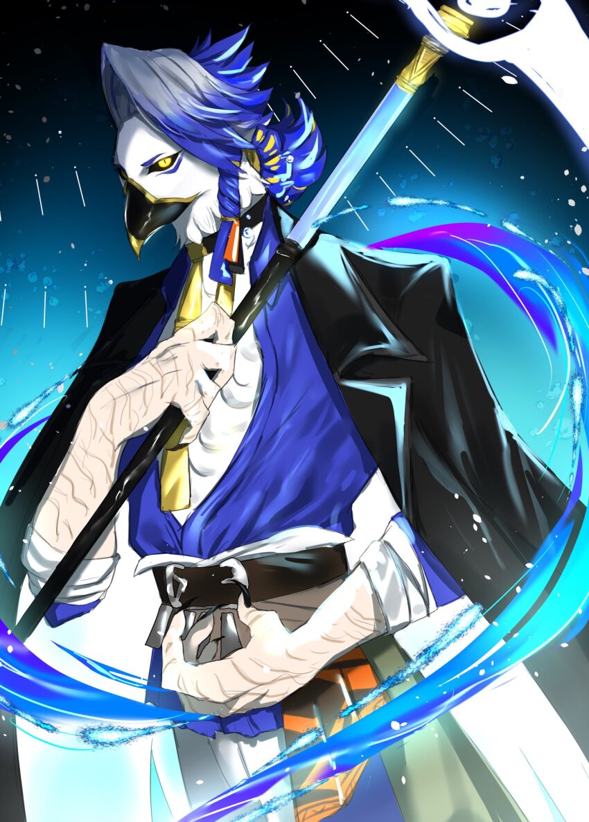 1boy, badrun_(khonshu)_(dislyte), bandaged_hand, bandages, beak, bird_boy, black_coat, black_sclera, claws, coat, coat_on_shoulders, colored_sclera, colored_tips, commentary, dark_zmagoti, dislyte, furry, furry_male, highres, holding, holding_scythe, holding_weapon, looking_at_viewer, male_focus, multicolored_hair, open_clothes, open_shirt, purple_shirt, scythe, shirt, weapon, yellow_eyes