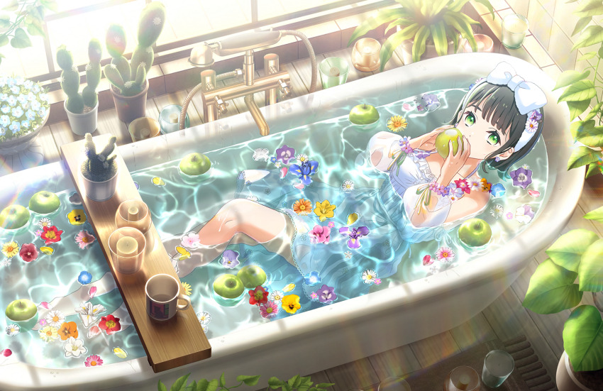 1girl, apple, bare_shoulders, barefoot, bathtub, bathtub_tray, black_hair, blue_flower, blunt_bangs, blush, bow, bow_hairband, breasts, cactus, candle, cleavage, coffee_mug, collarbone, cup, day, flipped_hair, flower, food, fruit, full_body, game_cg, green_apple, green_eyes, hairband, halterneck, her-bath-rium, highres, holding, holding_food, holding_fruit, indoors, knee_up, lens_flare, link!_like!_love_live!, looking_at_viewer, love_live!, momose_ginko, mug, non-web_source, official_alternate_costume, official_art, one-piece_swimsuit, partially_submerged, pink_flower, plant, potted_plant, purple_flower, red_flower, self-datamine, shower_head, solo, swimsuit, virtual_youtuber, white_bow, white_hairband, white_one-piece_swimsuit, window_shadow, yellow_flower