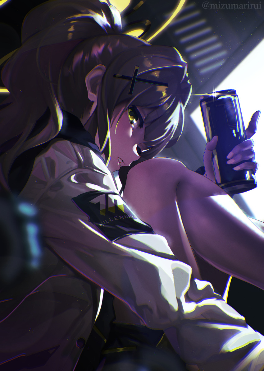 1girl, absurdres, bare_legs, blue_archive, can, english_text, green_eyes, green_halo