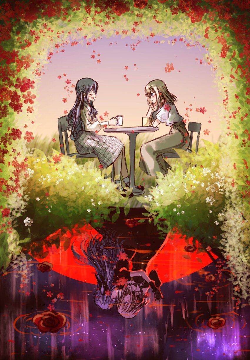 2girls, abstract_background, ave_mujica_(bang_dream!), bang_dream!, bang_dream!_it's_mygo!!!!!, blood, bloom, different_silhouette