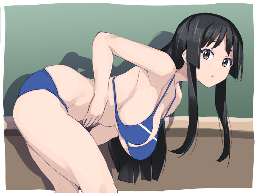 1girl, :o, akiyama_mio, alternate_breast_size, bikini, black_eyes, black_hair, blue_bikini