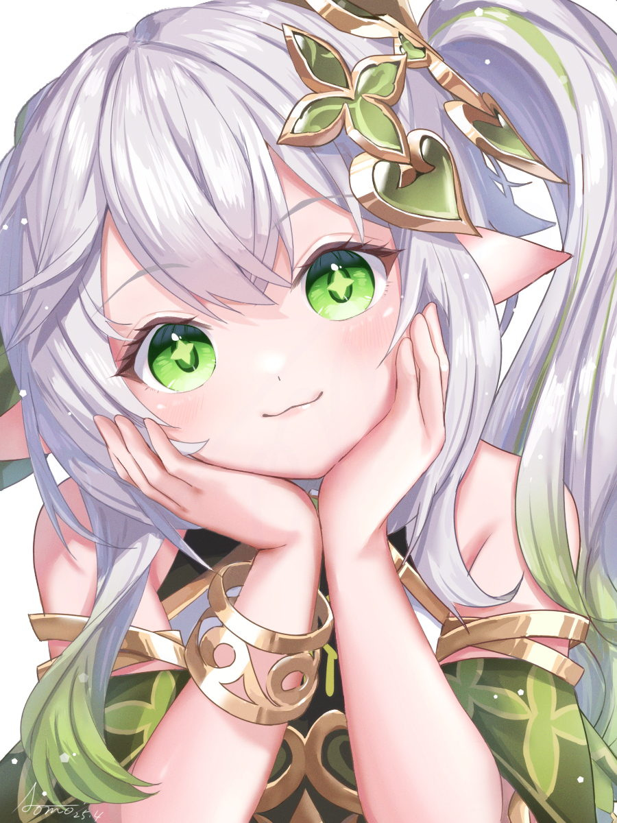 1girl, aomo, bare_shoulders, blush, bracelet, closed_mouth, commentary, detached_sleeves, genshin_impact, gold_trim, gradient_hair, green_eyes, green_hair, green_sleeves, hair_between_eyes, hair_ornament, head_rest, highres, jewelry, long_hair, looking_at_viewer, multicolored_hair, nahida_(genshin_impact), pointy_ears, side_ponytail, sleeveless, smile, solo, star-shaped_pupils, star_(symbol), symbol-shaped_pupils, upper_body, white_hair