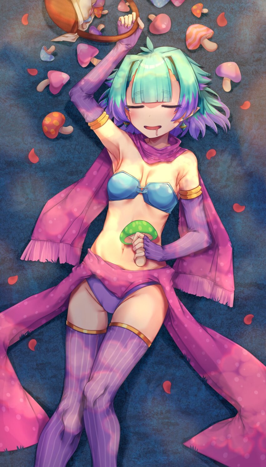 1girl, bare_shoulders, basket, blue_hair, breasts, closed_eyes, commentary_request, drooling