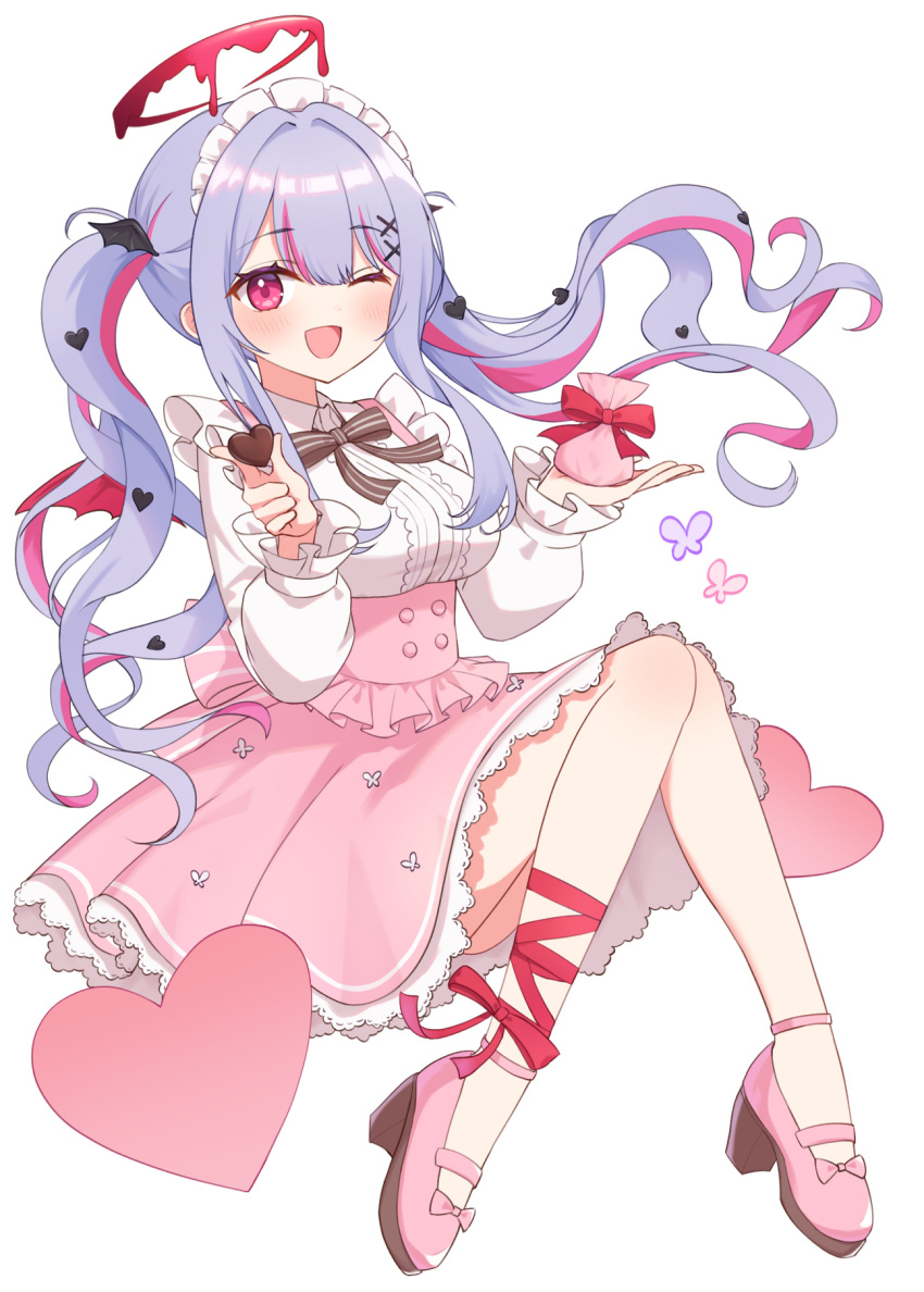 1girl, bag, bat_hair_ornament, black_bow, black_bowtie, blue_hair, bow, bowtie