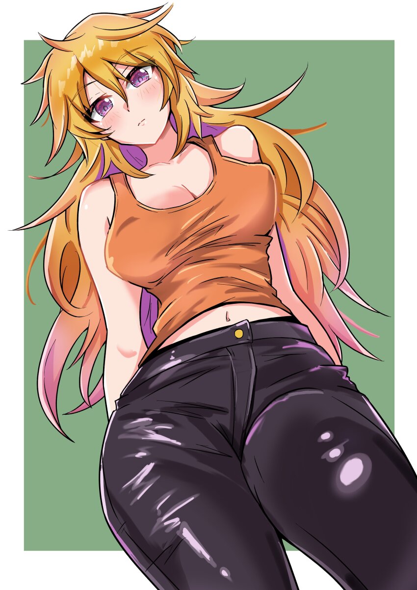 1girl, absurdres, bakuma, bare_shoulders, black_pants, blonde_hair, breasts, cleavage
