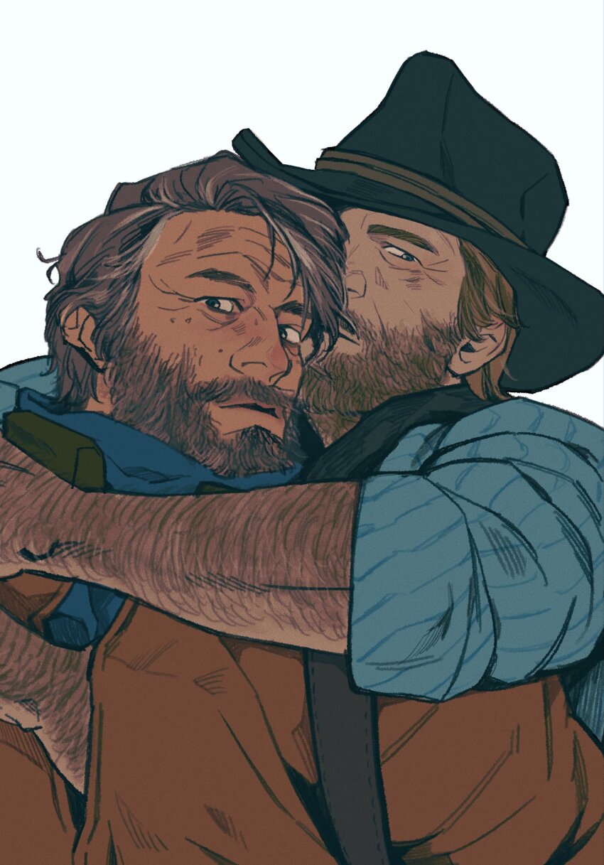 2boys, alternate_costume, arthur_morgan, bara, beard, bonjourdraws, brokeback_mountain, brown_hair