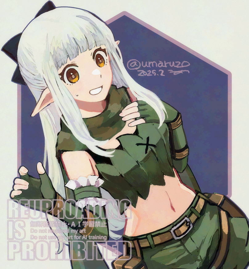 1girl, 2025, black_bow, bow, bra_strap, breasts, brown_eyes, camouflage_scarf, commentary_request, cowboy_shot, dutch_angle, fingerless_gloves, gloves, green_gloves, green_scarf, green_shorts, green_tube_top, grin, hair_bow, long_hair, looking_at_viewer, midriff, navel, pointy_ears, ragnarok_online, ranger_(ragnarok_online), scarf, shorts, small_breasts, smile, solo, strapless, tube_top, umaruzo, watermark, white_hair