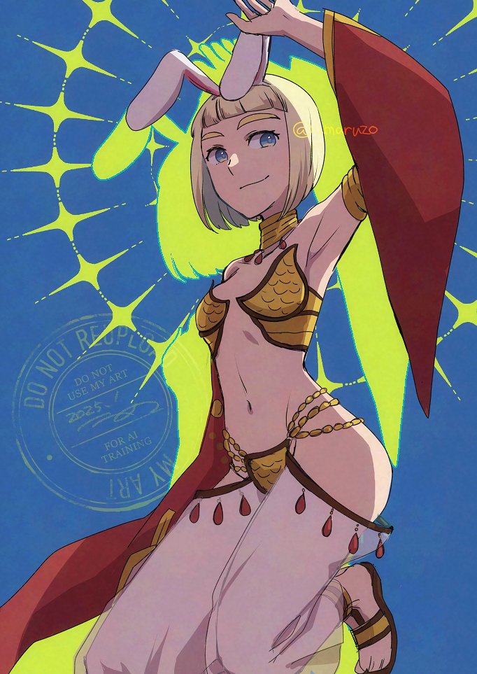 1girl, 2025, animal_ears, arm_up, armpits, bikini, blonde_hair, blue_background