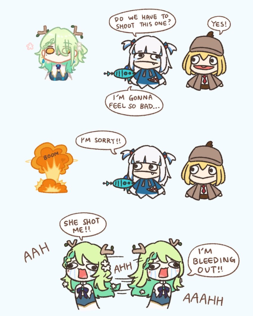 animal_costume, animal_hood, antlers, blonde_hair, braid, braided_bangs, branch, ceres_fauna, deerstalker, flower, gawr_gura, green_hair, hair_branch, hair_flower, hair_ornament, hand_puppet, hat, highres, hololive, hololive_english, hood, horns, mole, mole_under_eye, multicolored_hair, necktie, planet_hair_ornament, puppet, red_necktie, sappysque, shark_costume, shark_girl, shark_hood, shark_print, sharp_teeth, streaked_hair, teeth, tree_horns, virtual_youtuber, watson_amelia