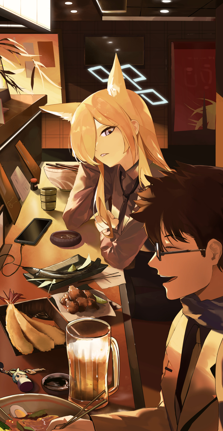 1boy, 1girl, absurdres, alcohol, animal_ear_fluff, animal_ears, arona_(blue_archive), beer, beer_mug, black_necktie, black_pantyhose, black_shirt, black_skirt, blonde_hair, blue_archive, blue_eyes, blue_scarf, blue_shirt, choe69696969, clenched_teeth, closed_eyes, cup, dog_ears, dog_girl, food, from_side, glasses, hair_over_one_eye, highres, jacket, kanna_(blue_archive), long_hair, looking_at_another, mug, necktie, open_mouth, pantyhose, scarf, sensei_(blue_archive), sharp_teeth, shirt, short_hair, sidelocks, skirt, teeth, white_jacket