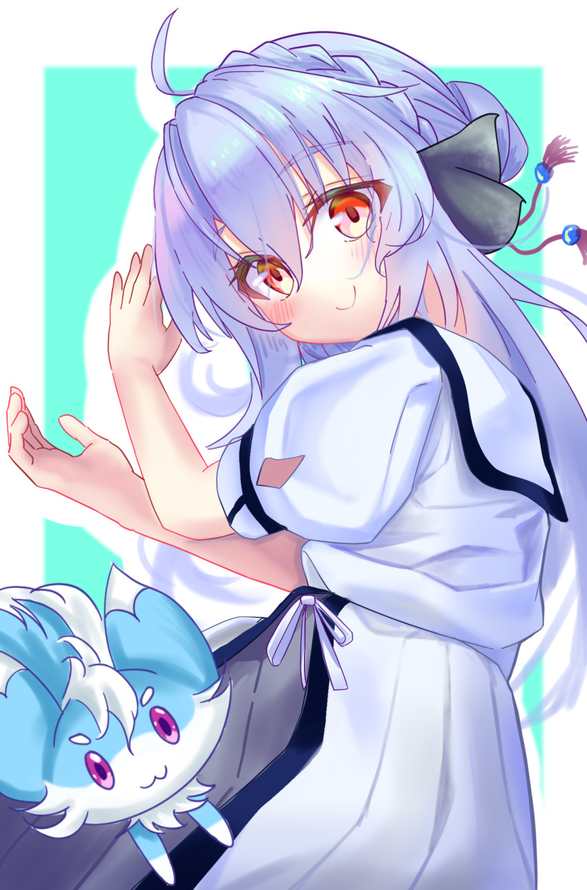 1girl, ahoge, aqua_background, black_bow, blue_hair, blush, border, bow