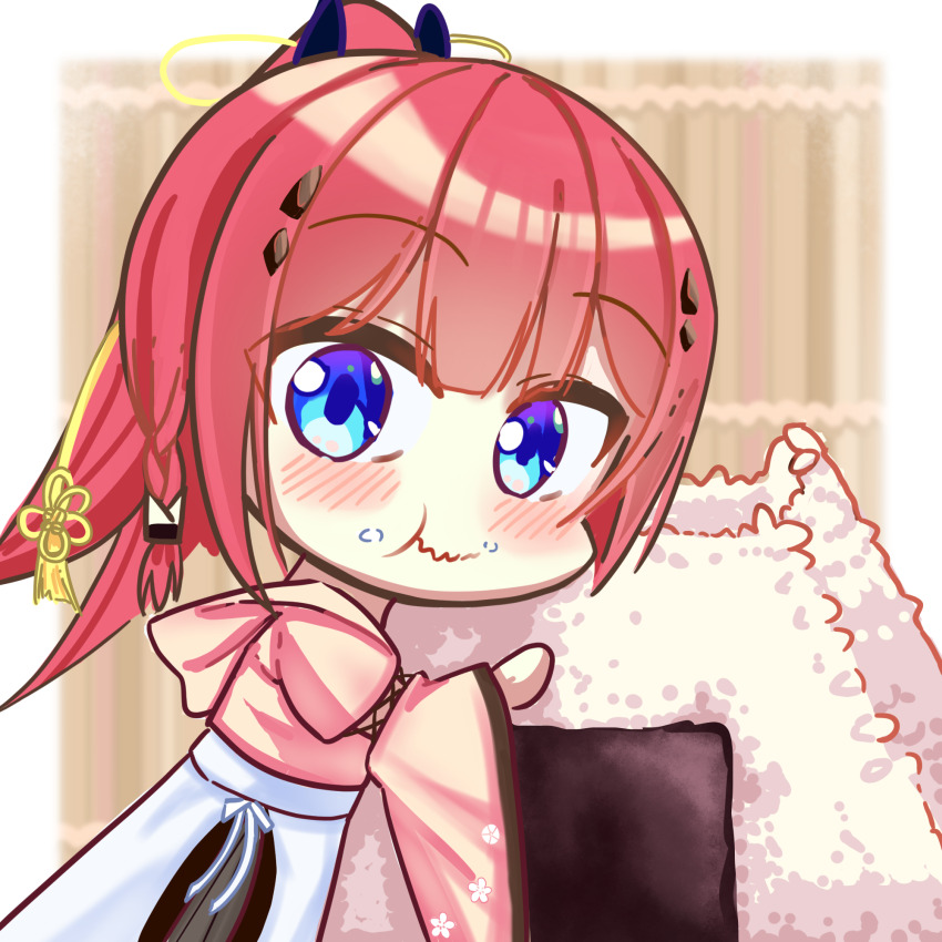 1girl, :t, blue_eyes, blunt_bangs, blurry, blurry_background, blush, braid