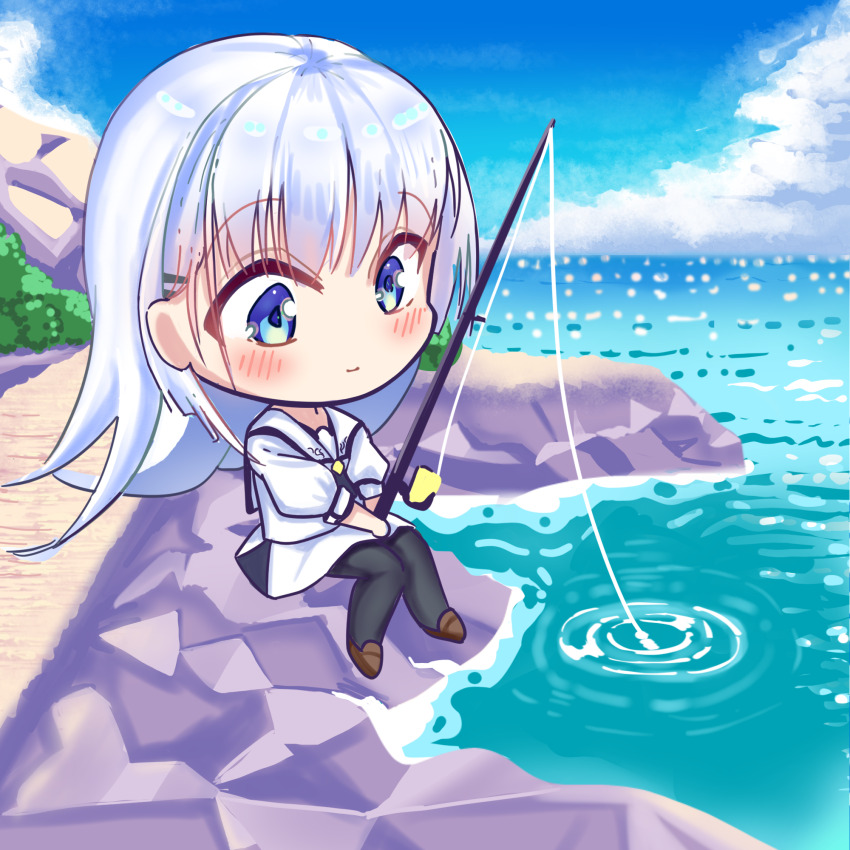 1girl, black_pantyhose, blue_eyes, blue_sky, blush, brown_shoes, charcoa72170283, chibi