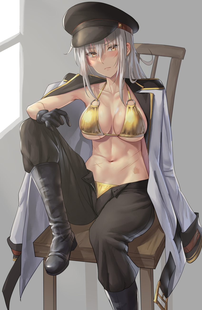 1girl, absurdres, bikini, bikini_under_clothes, black_boots, black_gloves, black_pants, blazer, boots, breasts, chair, collarbone, commentary_request, gangut_(kancolle), gangut_dva_(kancolle), gloves, gold_bikini, grey_hair, hair_between_eyes, hat, highres, jacket, kantai_collection, knee_boots, kokuzou, large_breasts, long_hair, looking_at_viewer, navel, on_chair, pants, peaked_cap, scar, sitting, solo, swimsuit, yellow_eyes