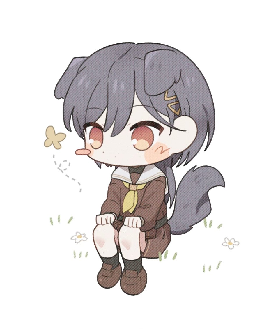 1girl, animal_ears, black_socks, brown_dress, brown_shoes, bug, butterfly, chibi