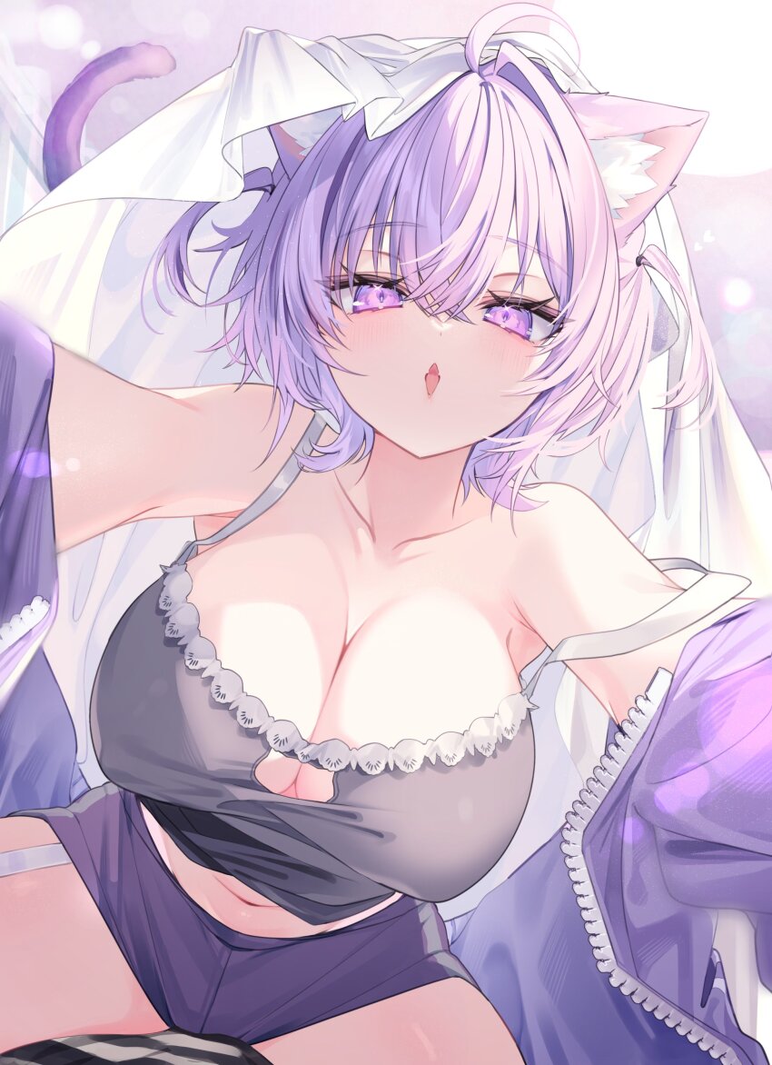 1girl, 1other, absurdres, ahoge, animal_ear_fluff, animal_ears, breasts, camisole