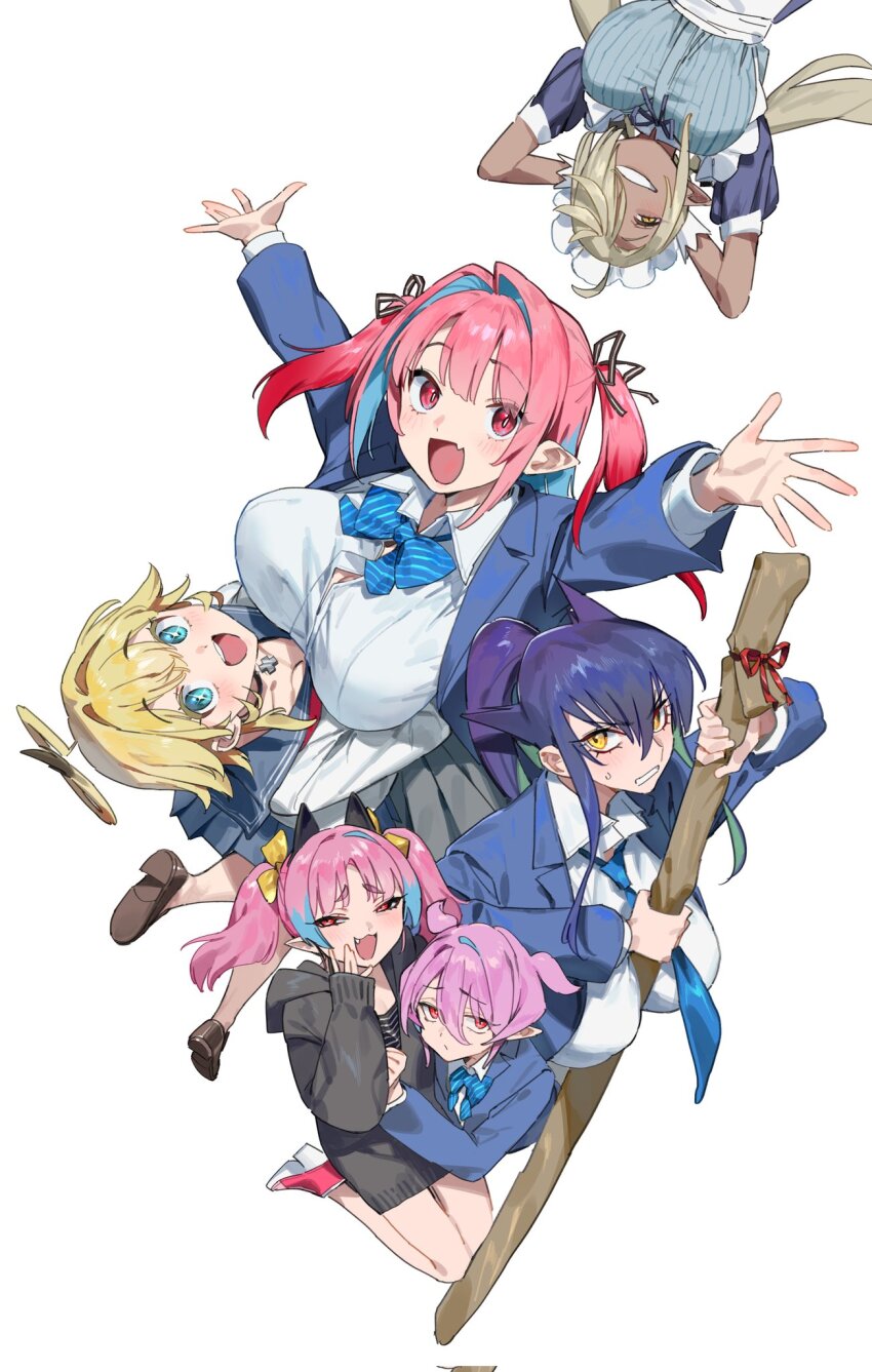 6+girls, :3, ahoge, ami_(kanan-sama), apron, aqua_eyes, arms_up, artist_name