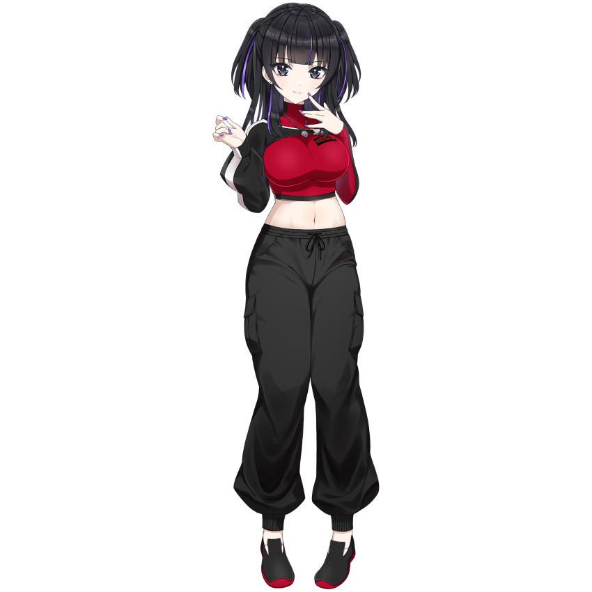 1girl, arms_up, baggy_pants, black_hair, black_pants, black_shoes, black_sleeves, blush
