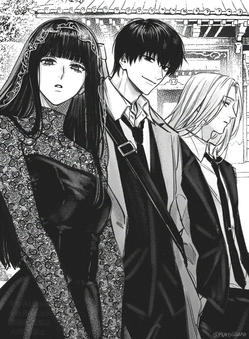 1girl, 2boys, black_dress, black_hair, black_jacket, black_pants, coat, collared_shirt