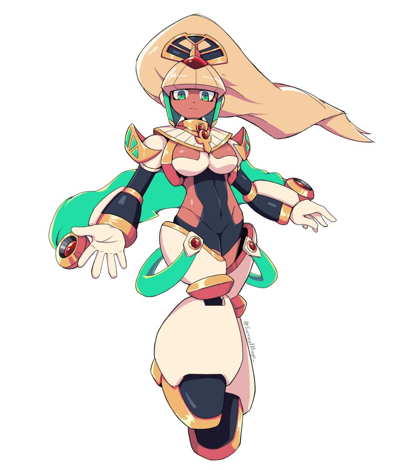 1girl, ancient_egyptian_clothes, blonde_hair, breasts, dark-skinned_female, dark_skin, forehead_jewel, green_eyes