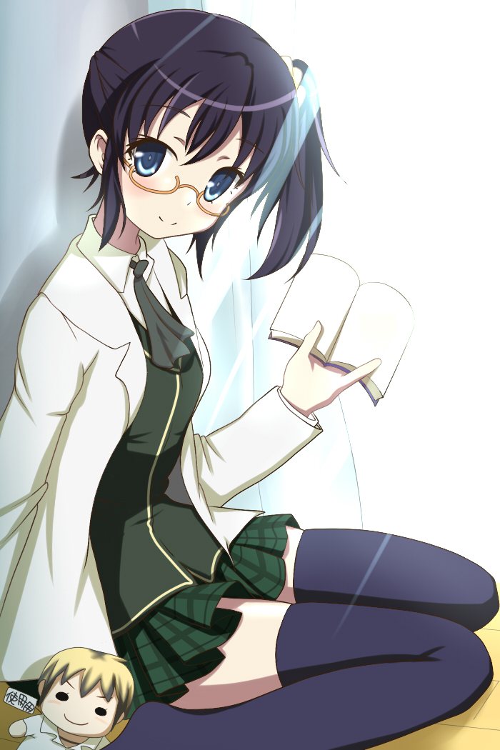 10s, 1girl, alternate_eye_color, black_hair, black_thighhighs, blue_eyes, boku_wa_tomodachi_ga_sukunai, book