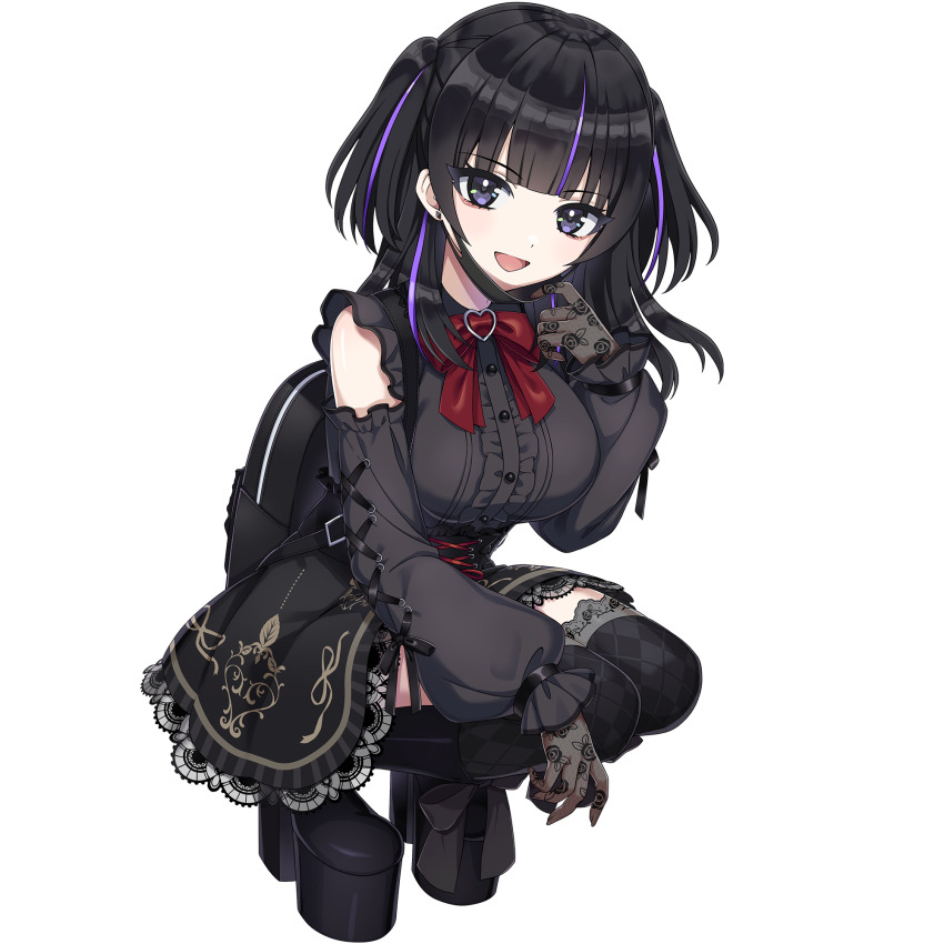 1girl, :d, backpack, bag, black_dress, black_hair, black_thighhighs, bow