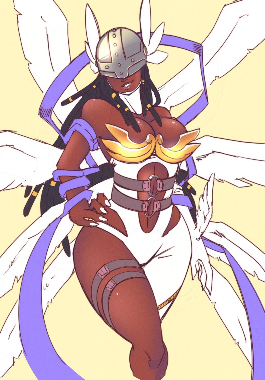 1girl, absurdres, alternate_hair_color, alternate_hairstyle, alternate_skin_color, angel, angel_wings, angewomon