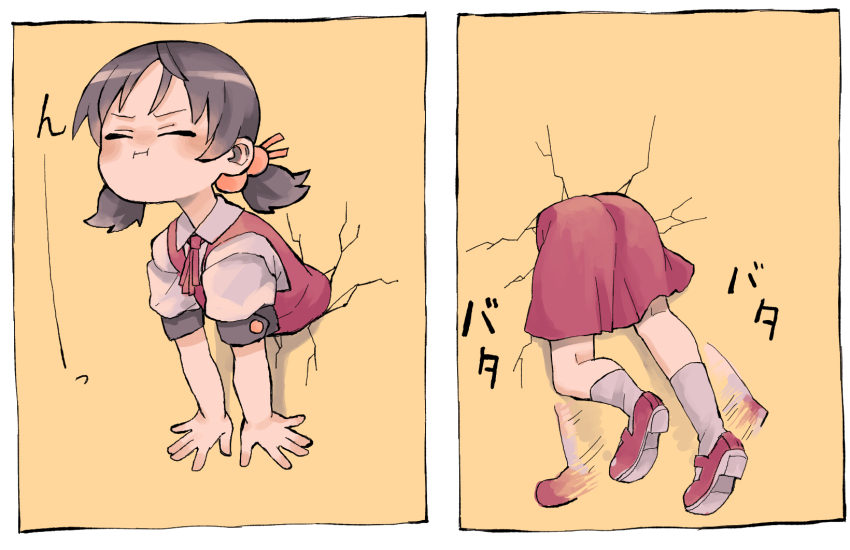 1girl, ass, brown_hair, closed_eyes, closed_mouth, crack, cracked_wall, dress, flat_chest, glory_wall, hair_bobbles, hair_ornament, highres, kaai_yuki, low_twintails, puffy_cheeks, red_dress, red_shoes, shoes, short_twintails, stuck, through_wall, twintails, vocaloid, yellow_background, yunuki_uta