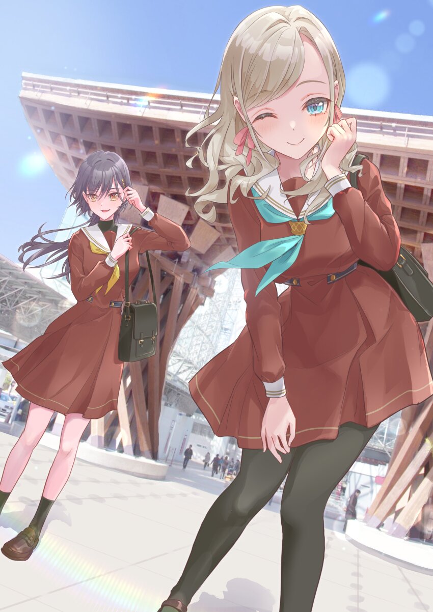 2girls, :d, ;), absurdres, aqua_neckerchief, black_pantyhose, black_shoes, blue_eyes