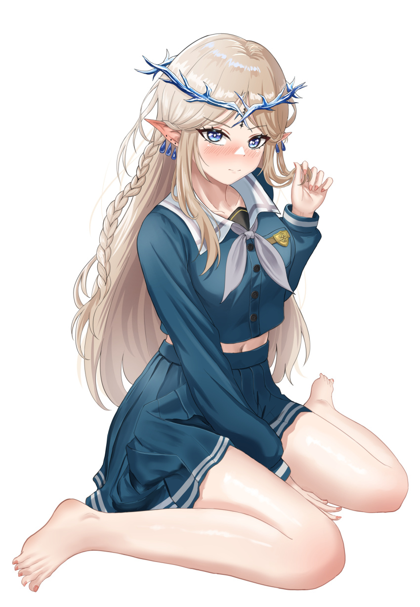 1girl, absurdres, ayloss, bang_dream!, bare_legs, barefoot, between_legs, blonde_hair