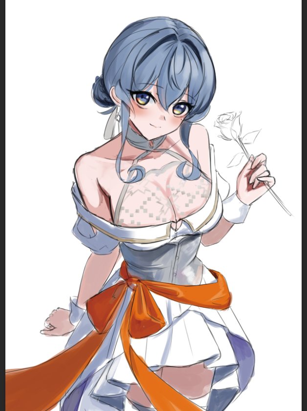 1girl, blue_eyes, blue_hair, breasts, cleavage, dimos_(dawn_1945), dress, flower