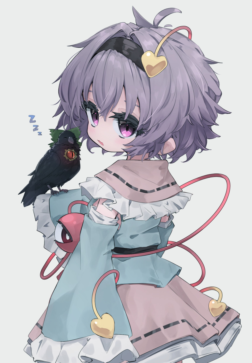 1girl, animal_on_arm, bird, black_bird, blue_shirt, blue_sleeves, blush, commentary