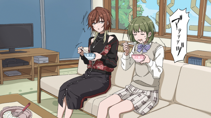 2girls, aketa_mikoto, black_jacket, black_skirt, black_sweater, blonde_hair, blue_bow, blue_eyes