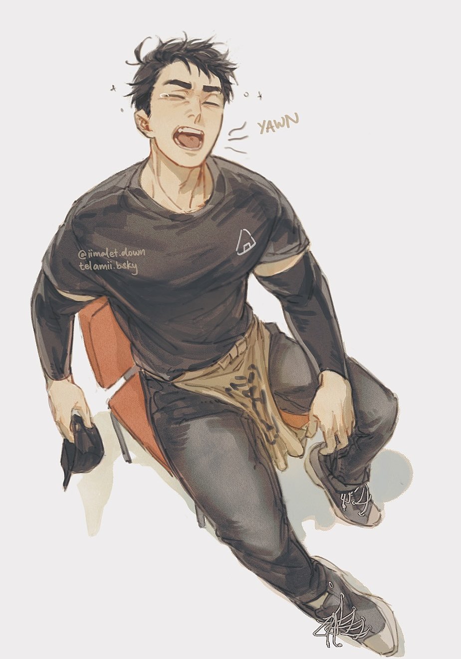 1boy, baseball_cap, black_hair, black_hat, black_pants, black_shirt, chair, closed_eyes