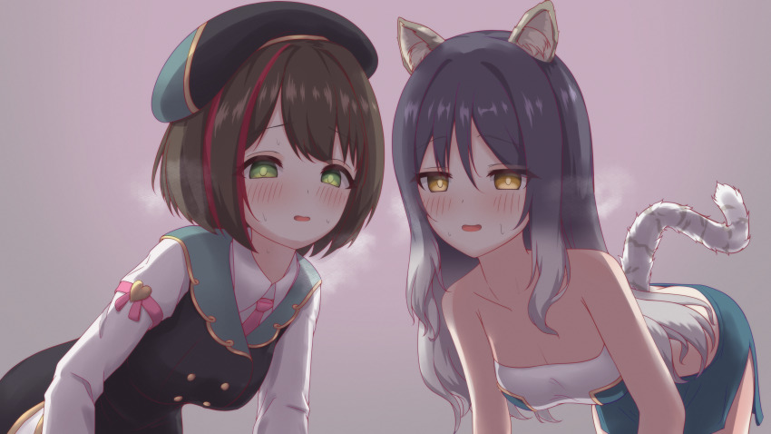 2girls, absurdres, animal_ears, beret, black_hair, breasts, brown_hair, collarbone