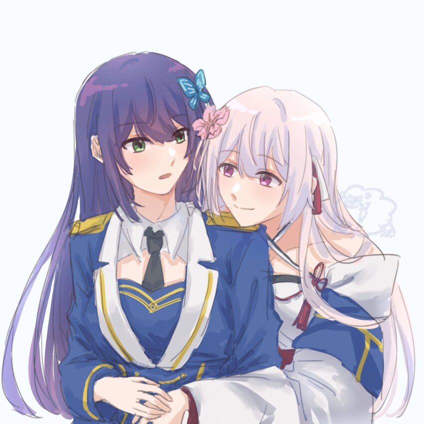 2girls, artist_logo, assault_lily, bare_shoulders, bing_bushi_ganmao_ling_z, black_necktie, blue_background, blue_jacket