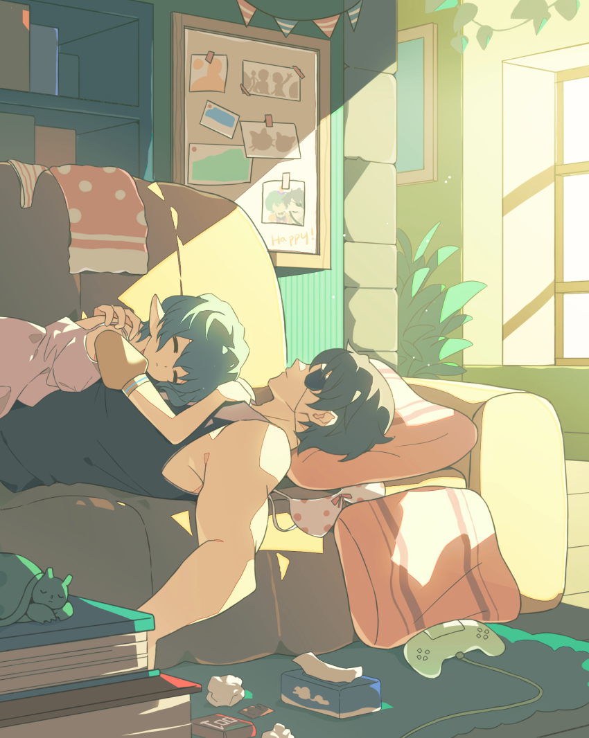 1boy, 1girl, black_tank_top, book, book_stack, bra, closed_eyes, controller