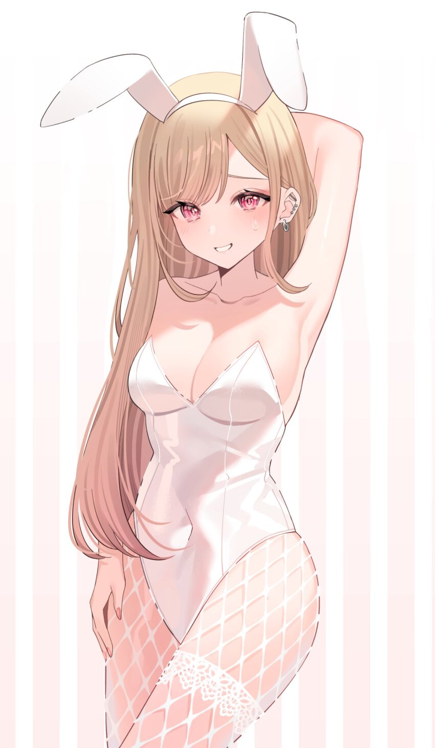 1girl, absurdres, animal_ears, arm_up, armpits, bare_shoulders, blonde_hair, blush, breasts, collarbone, commentary, covered_navel, ear_piercing, earrings, english_commentary, fingernails, fishnet_pantyhose, fishnets, grin, hairband, highres, jewelry, kitagawa_marin, lace_thigh_strap, large_breasts, leotard, long_hair, looking_at_viewer, nail_polish, pantyhose, piercing, pink_background, pink_eyes, pink_hair, pink_nails, playboy_bunny, rabbit_ears, smile, solo, sono_bisque_doll_wa_koi_wo_suru, strapless, strapless_leotard, striped_background, sweatdrop, thigh_strap, thighs, umireki, white_background, white_hairband, white_leotard, white_pantyhose