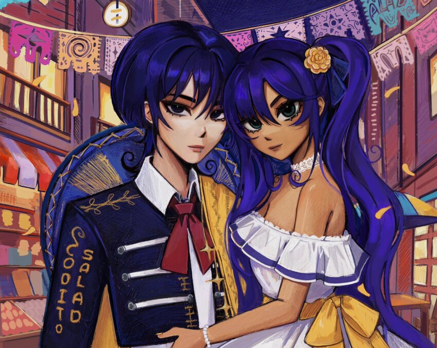 1boy, 1girl, alternate_costume, alternate_skin_color, artist_name, bare_shoulders, bead_bracelet, beads, black_eyes, black_jacket, blunt_ends, bow, bracelet, breasts, brown_lips, building, choppy_bangs, cleavage, closed_mouth, coditosalad, collar, collared_shirt, dark-skinned_female, dark_skin, detached_collar, dress, face_piercing, festival, flower, food_stand, genshin_impact, gold_flower, gold_shawl, gold_trim, green_eyes, hair_bow, hair_flower, hair_ornament, hand_on_another's_stomach, hat, hat_on_back, highres, jacket, jewelry, light_smile, lip_piercing, long_hair, looking_at_viewer, mexican_clothes, mexican_dress, mona_(genshin_impact), neckerchief, night, off-shoulder_dress, off_shoulder, outdoors, parted_bangs, piercing, purple_bow, purple_hair, purple_hat, red_lips, red_neckerchief, scaramouche_(genshin_impact), shirt, sidelocks, sky, sombrero, strapless, strapless_dress, table, twintails, undershirt, white_collar, white_dress, white_shirt, window, yellow_bow