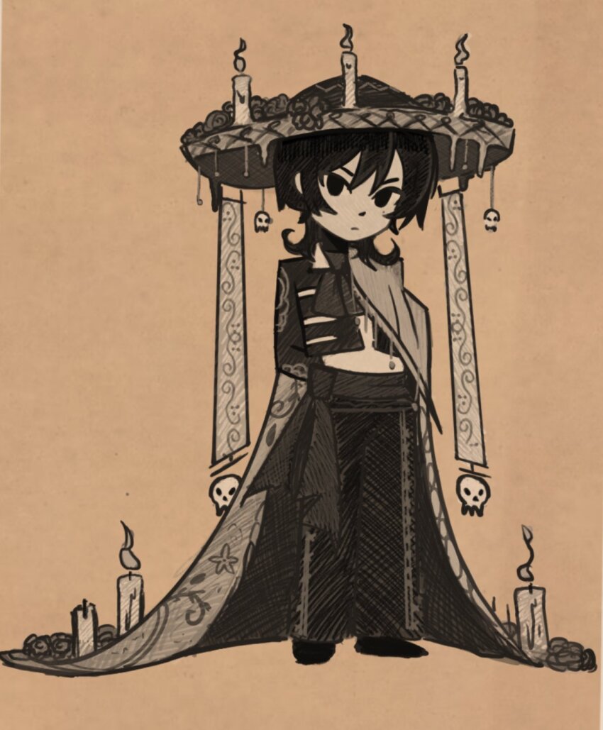 1boy, alternate_costume, arms_behind_back, blunt_ends, candle_hat_ornament, chibi, choppy_bangs, closed_mouth