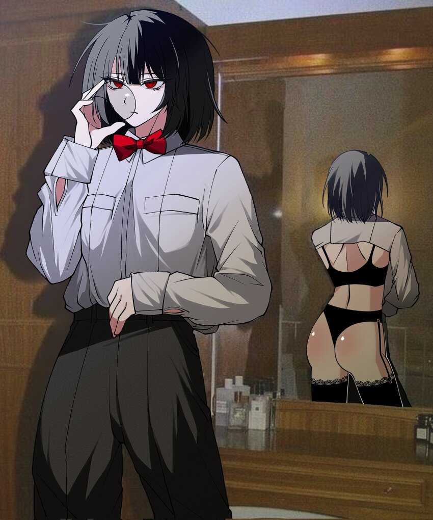 1girl, ass, back_view_in_reflection, black_bra, black_hair, black_panties, black_pants, black_thighhighs